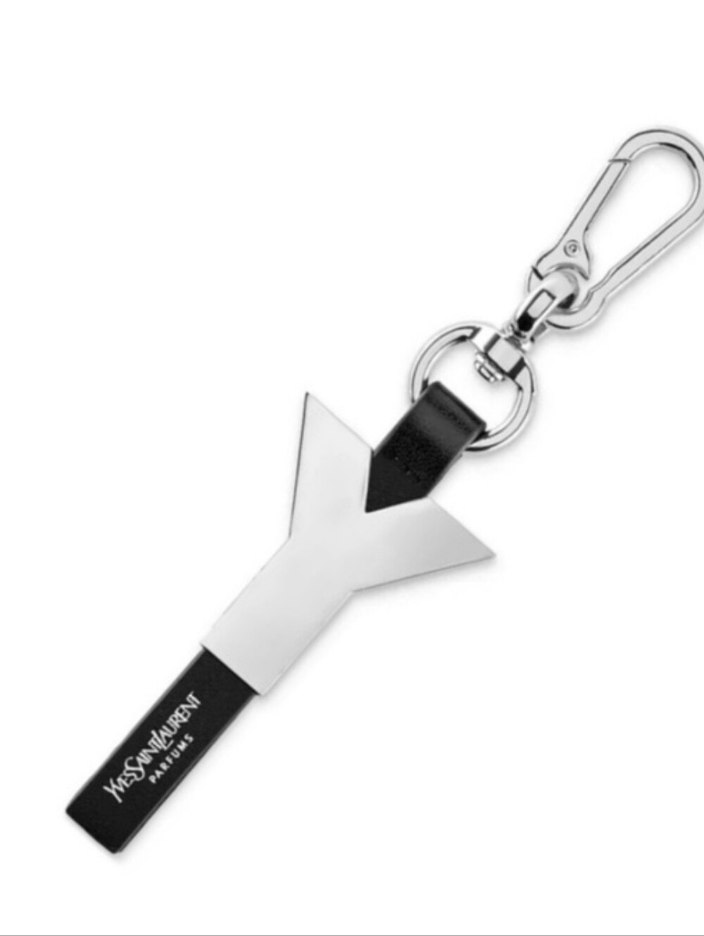 New Yves Saint Laurent YSL Y key ring Clasp Chain Metal Silver Black Leather